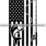 Fishing Fish Fisherman Hunt Hunting Hunter Outdoor Sport Hunting Fishing Hooks Under USA Flag United State Black Color Design Element Lake Pond Sea River Ocean Design Logo Clipart SVG