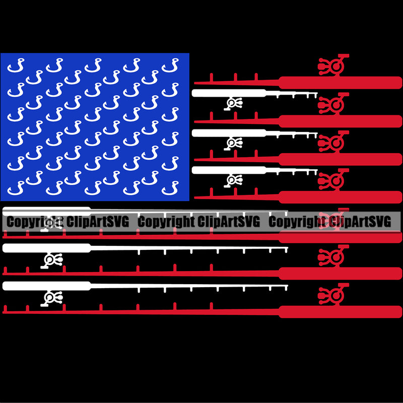Fishing Fish Fisherman Hunt Hunting Hunter Outdoor Sport Hunting Fishing Hooks And Sticks Color Design Element Black Background United State USA Flag Lake Pond Sea River Ocean Design Logo Clipart SVG