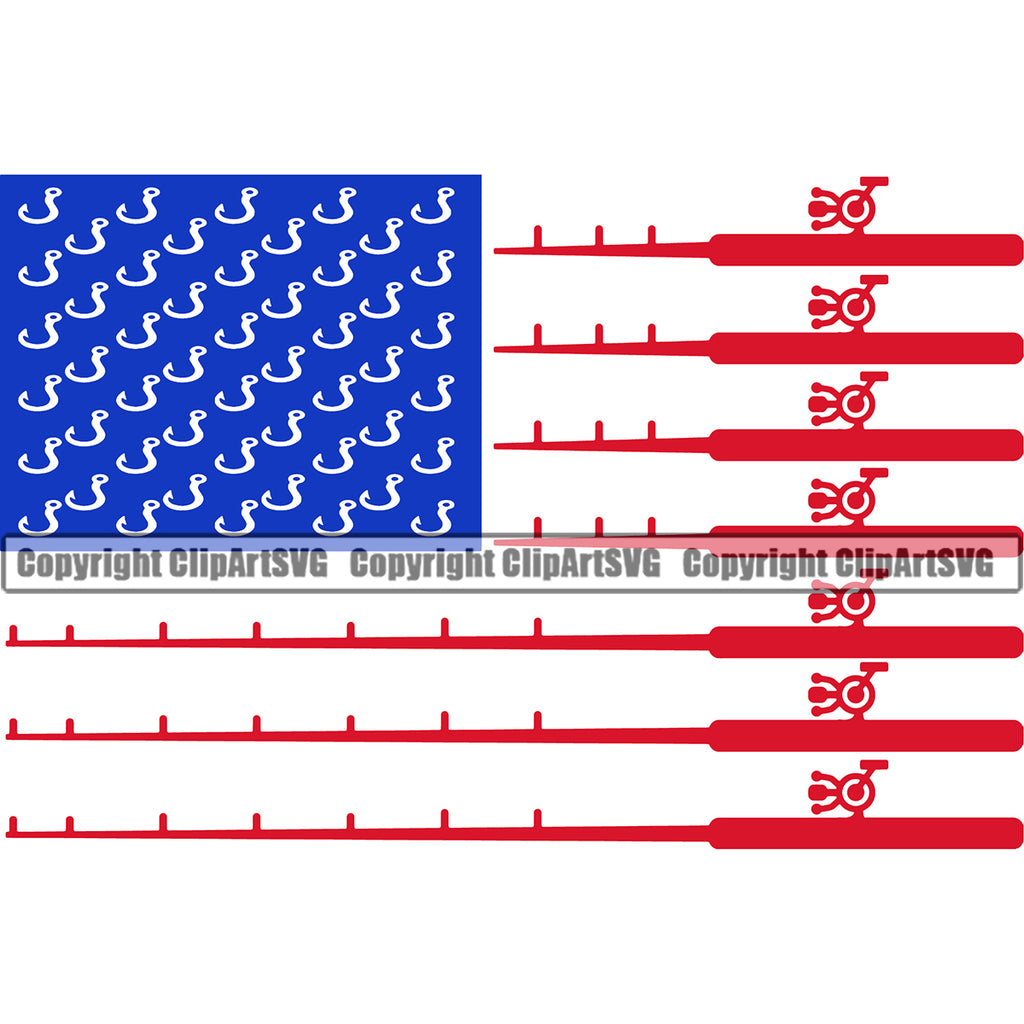 Fishing Fish Fisherman Hunt Hunting Hunter Outdoor Sport Hunting Hooks Blue Sticks Red Color Design Element United State USA Flag Lake Pond Sea River Ocean Design Logo Clipart SVG