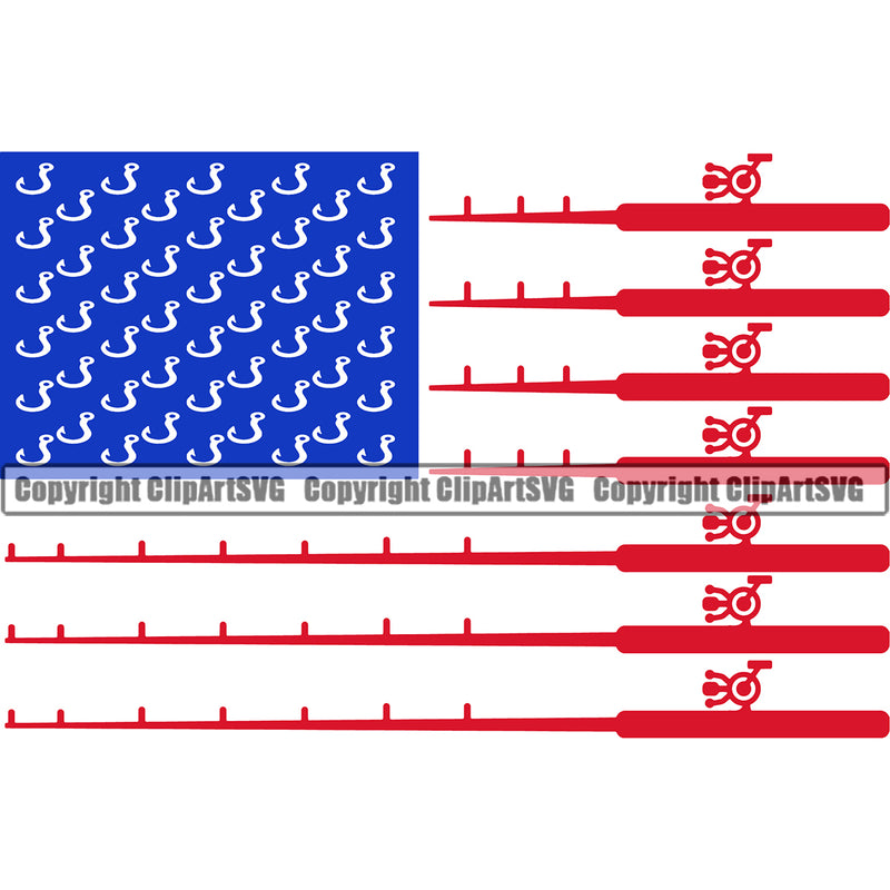 Fishing Fish Fisherman Hunt Hunting Hunter Outdoor Sport Hunting Hooks Blue Sticks Red Color Design Element United State USA Flag Lake Pond Sea River Ocean Design Logo Clipart SVG