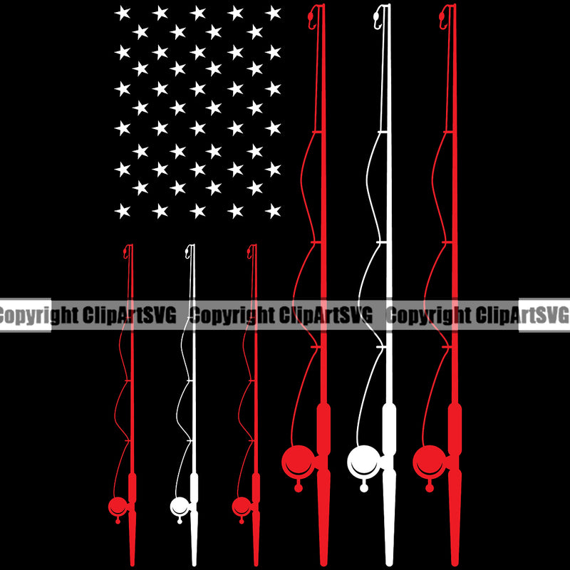 Fishing Fish Fisherman Hunt Hunting Hunter Outdoor Sport Fishing Flag USA Pole United State Color Design Element Black Background Lake Pond Sea River Ocean Design Logo Clipart SVG