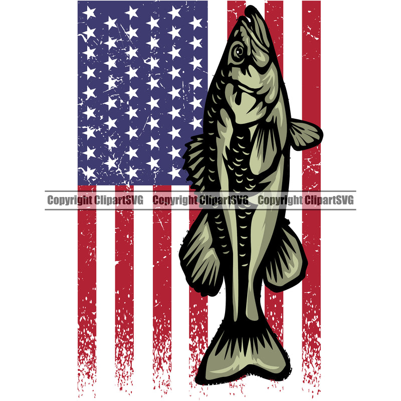 Fishing Fish Fisherman Hunt Hunting Hunter Outdoor Sport USA Flag United State Flag Under Fish Design Element White Background Lake Pond Sea River Ocean Design Logo Clipart SVG