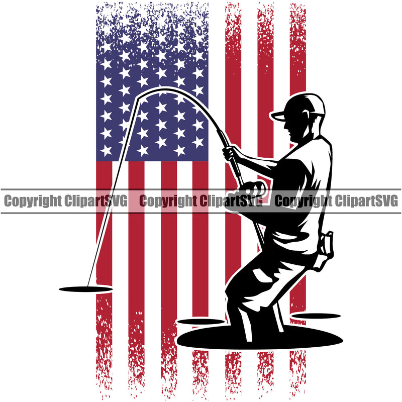 Fishing Fish Fisherman Hunt Hunting Hunter Outdoor Sport Hunting Fisherman Color USA Flag United State Vector Design Element Lake Pond Sea River Ocean Design Logo Clipart SVG