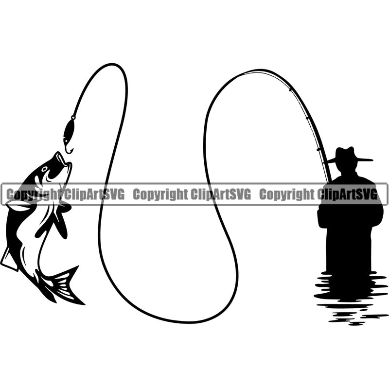 Fishing Fish Fisherman Hunt Hunting Hunter Outdoor Sport Fishing Tackle And Fisherman Silhouette Vector White Background Design Element Lake Pond Sea River Ocean Rod Reel Business Company Design Logo Clipart SVG