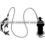 Fishing Fish Fisherman Hunt Hunting Hunter Outdoor Sport Fishing Tackle And Fisherman Silhouette Vector White Background Design Element Lake Pond Sea River Ocean Rod Reel Business Company Design Logo Clipart SVG