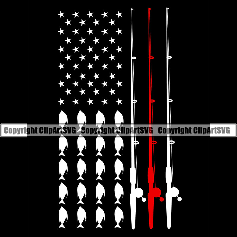 Fishing Fish Fisherman Hunt Hunting Hunter Outdoor Sport USA Flag Pole Stripes United State Black Color Design Element Hunting Lake Pond Sea River Ocean Design Logo Clipart SVG