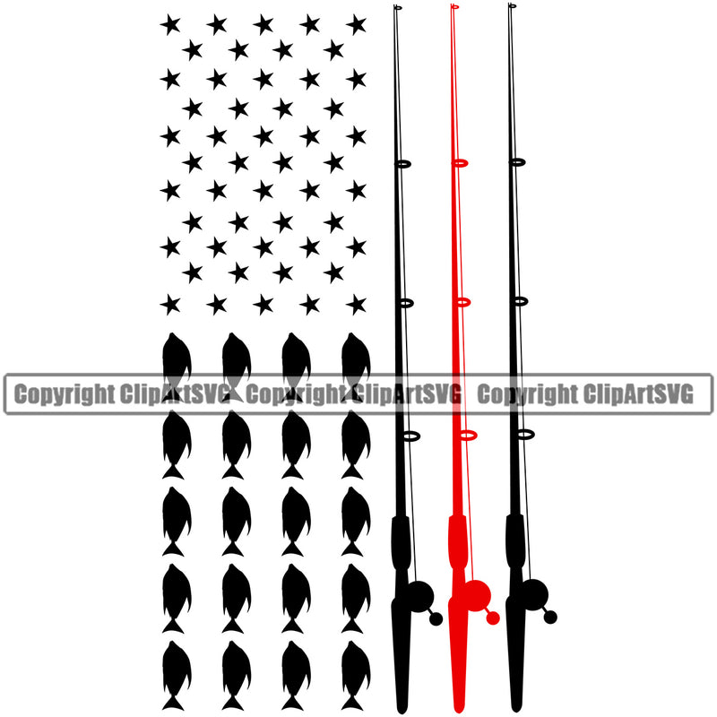 Fishing Fish Fisherman Hunt Hunting Hunter Outdoor Sport USA Flag Pole Stripe Color Logo White Background Design Element Lake Pond Sea River Ocean Design Logo Clipart SVG