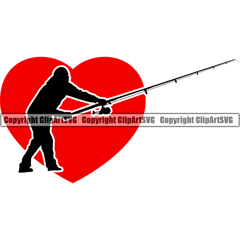 Fishing Fish Fisherman Hunt Hunting Hunter Outdoor Sport Silhouette Heart Red Color Design Element Lake Pond Sea River Ocean Rod Reel Business Company Design Logo Clipart SVG