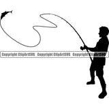 Fishing Fish Fisherman Hunt Hunting Hunter Outdoor Sport Hunting Silhouette Fishing Tackle White Background Design Element Lake Pond Sea River Ocean Design Rod Reel Business Company Logo Clipart SVG