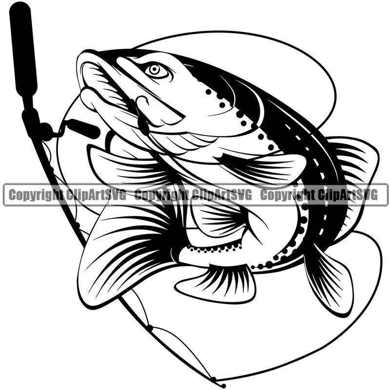 Fishing Fish Fisherman Hunt Hunting Hunter Outdoor Sport Trout Rod Reel Hook Hunting Fishing Tackle Vector Design Element White Background Lake Pond Sea River Ocean Design Logo Clipart SVG