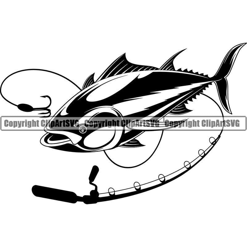 Fishing Fish Fisherman Hunt Hunting Hunter Outdoor Sport Tuna Rod Reel Hook Tackle White Background Design Element Lake Pond Sea River Ocean Design Logo Clipart SVG