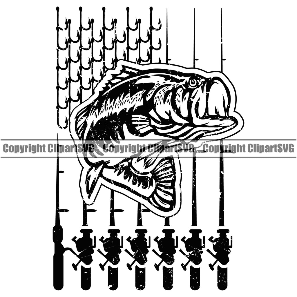 Bass Fishing Fish Fisherman Hunt Hunting Hunter Outdoor Sport Hunting Fishing USA United State Tackle Hooks White Background Design Element Vector Flag Lake Pond Sea River Ocean Design Logo Clipart SVG –