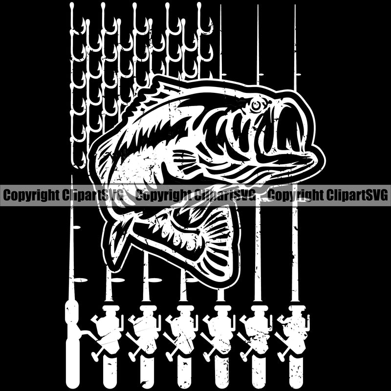 Bass Fishing Fish Fisherman Hunt Hunting Hunter Outdoor Sport Hunting Tackle Fish And Hook Black Background Design Element Pond Sea River Ocean Logo Clipart SVG