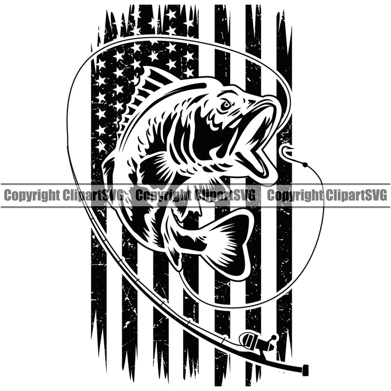 Bass Fishing Fish Fisherman Hunt Hunting Fishing USA Flag United State Tackle Hooks Design Element Vector Hunter Outdoor Sport Hunting Lake Pond Sea River Ocean Design Logo Clipart SVG