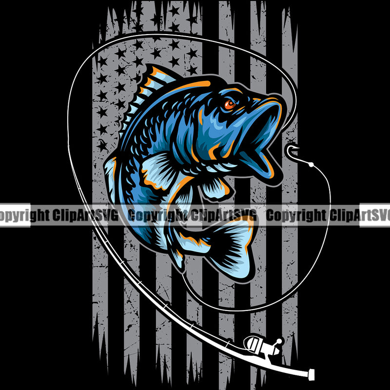 Bass Fishing Fish Fisherman Hunt Hunting Hunter Outdoor Sport USA Flag United State Black Color Background Color Fish Design Element Tackle Hunting Lake Pond Sea River Ocean Design Logo Clipart SVG