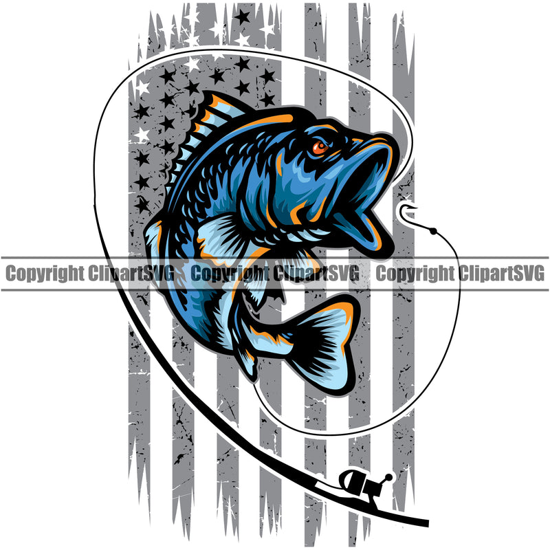 Bass Fishing Fish Fisherman Hunt Hunting Hunter Outdoor Sport USA Flag United State White Background Design Element Hunting Lake Pond Sea River Ocean Design Logo Clipart SVG