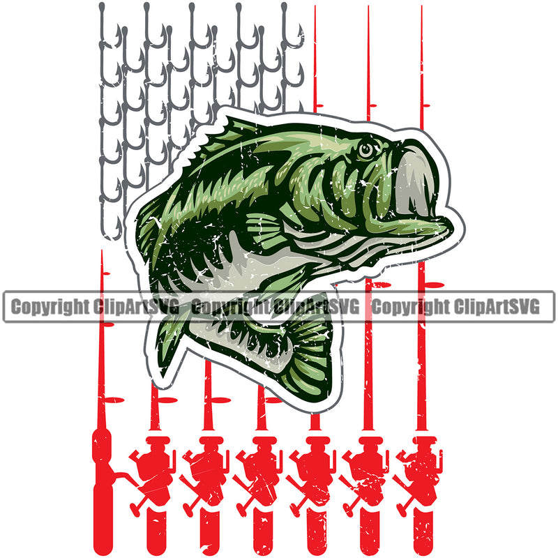 Bass Fishing Fish Fisherman Hunt Hunting Hunter Outdoor Sport Tackle Hooks Color White Background Design Element With Green Fish Lake Pond Sea River Ocean Design Logo Clipart SVG