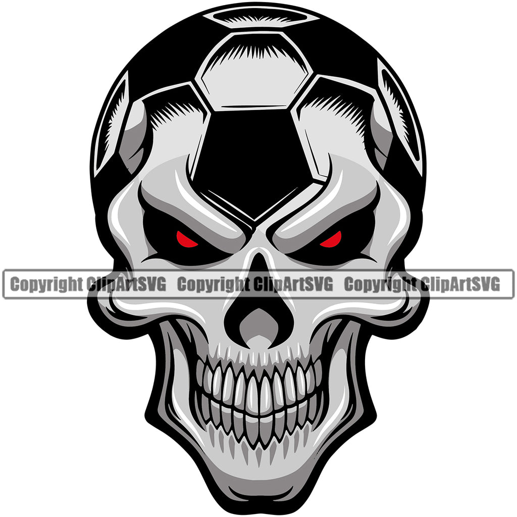 Skull Skeleton Soccer Football Head Red Eyes Vector Design Element Sport Game Goal Field Ball Competition Play Team Kick Equipment Player Tournament Athlete Athletic Clipart SVG