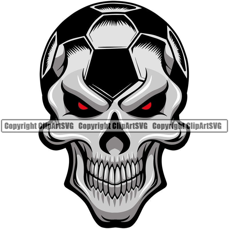 Skull Skeleton Soccer Football Head Red Eyes Vector Design Element Sport Game Goal Field Ball Competition Play Team Kick Equipment Player Tournament Athlete Athletic Clipart SVG