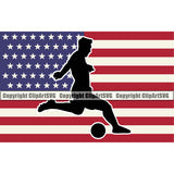 Soccer Football Player Kick Ball Silhouette On USA Flag United State Vector Design Element Sport Game Goal Field Ball Competition Play Team Kick Equipment Player Tournament Athlete Athletic Clipart SVG