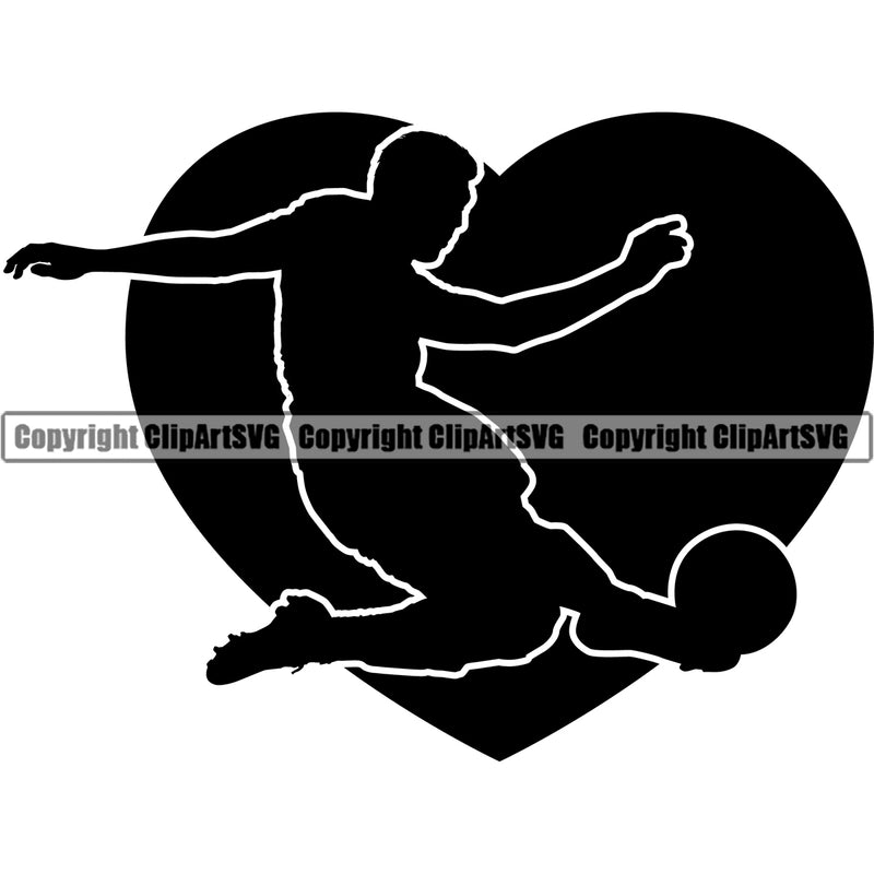 Soccer Man Silhouette On Football Heart Vector Design Element Sport Game Goal Field Ball Competition Play Team Kick Equipment Player Tournament Athlete Athletic Clipart SVG