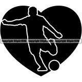 Soccer Football Man Kick Ball Silhouette On Heart Black Color Vector Design Element Sport Game Goal Field Ball Competition Play Team Kick Equipment Player Tournament Athlete Athletic Clipart SVG