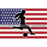 Soccer Football Mom Kick Ball Logo On USA Flag United State Flag Vector Design Element Sport Game Goal Field Ball Competition Play Team Kick Equipment Player Tournament Athlete Athletic Clipart SVG