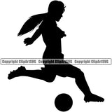 Soccer Girl Player Kick Football Silhouette Vector Design Element Sport Game Goal Field Ball Competition Play Team Kick Equipment Player Tournament Athlete Athletic Clipart SVG