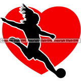Soccer Football Silhouette Woman On Red Heart Design Element Sport Game Goal Field Ball Competition Play Team Kick Equipment Player Tournament Athlete Athletic Clipart SVG