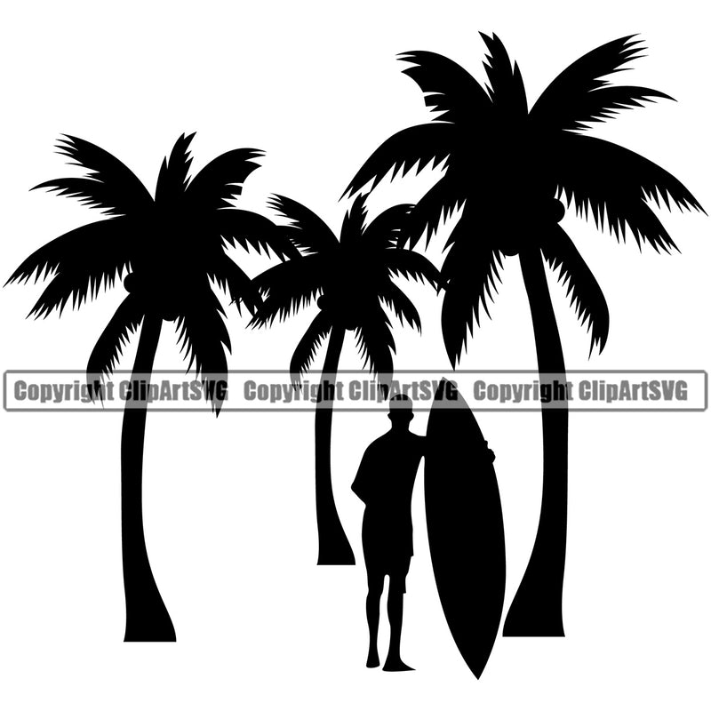 Surfing Nature Beach Summer Surf Ocean Palm Tree Tropical Wave Vacation Travel Sea Design Element Surfboard Palm Paradise Island Surfer Hawaii Nature Sun Sunset Clipart SVG