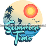 Surfing Time Color Quote Beach Summer Surf Ocean Tropical Wave Logo Vacation Travel Sea Vector Design Element Surfboard Palm Paradise Island Surfer Hawaii Nature Sun Sunset Clipart SVG