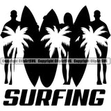 Surfing Quote Beach Summer Surf Ocean Tropical Wave Man Woman Standing Design Element Vacation Travel Sea Surfboard Vector Palm Paradise Island Surfer Hawaii Nature Sun Sunset Clipart SVG