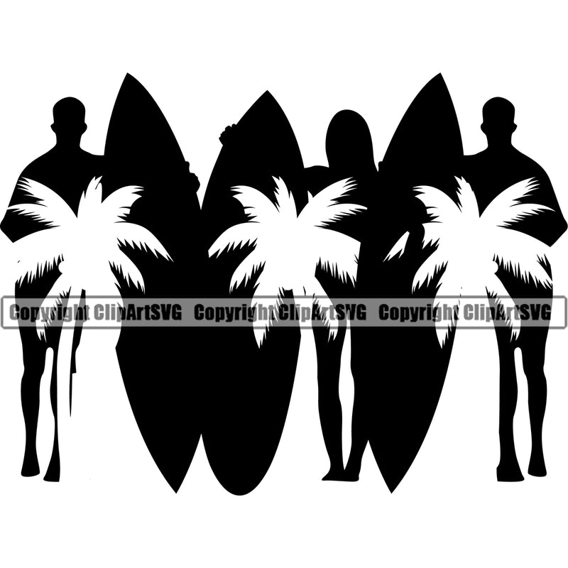 Man Woman Holding Surfing Boat Silhouette Design Element Beach Summer Surf Ocean Tropical Wave Vacation Travel Sea Surfboard Palm Paradise Island Surfer Hawaii Nature Sun Sunset Clipart SVG