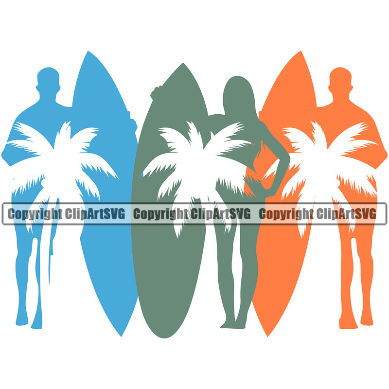 Man Woman Holding Surfing Boat Color Beach Summer Surf Ocean White Background Design Element Tropical Wave Vacation Travel Sea Surfboard Palm Paradise Island Surfer Hawaii Nature Sun Sunset Clipart SVG