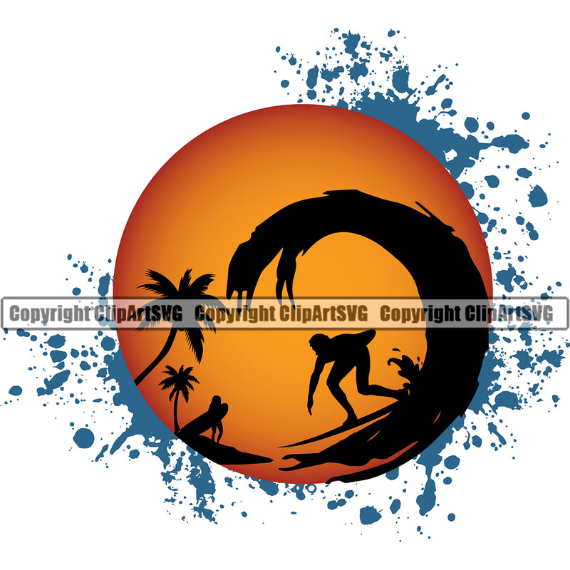 Surfing Logo Beach Summer Surf Color Design Element Ocean Tropical Surfer Hawaii Nature Sun Sunset Wave Vacation Travel Sea Surfboard Palm Paradise Island Clipart SVG
