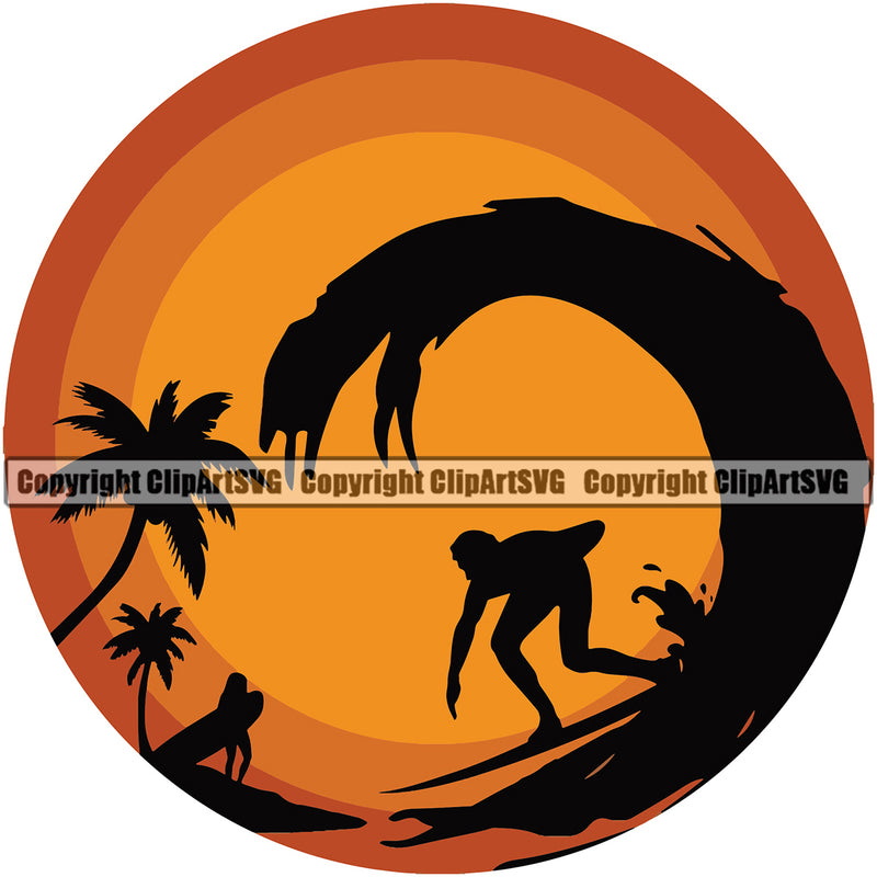 Sports Surfing Logo Beach Summer Surf Ocean Tropical Wave Vacation Design Element Travel Sea Surfboard Palm Paradise Island Surfer Hawaii Nature Sun Sunset Clipart SVG