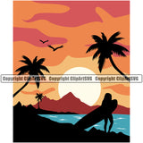 Sports Surfing Beach Color Design Element Summer Surf Ocean Tropical Wave Sunset Vacation Travel Sea Surfboard Palm Vector Paradise Island Surfer Hawaii Nature Sun Sunset Clipart SVG