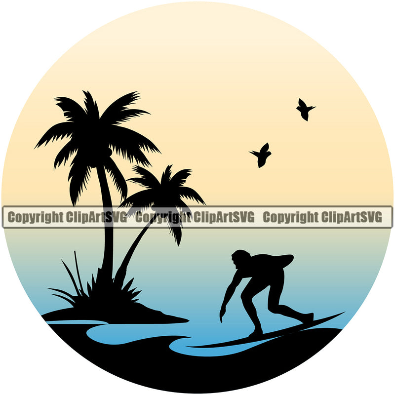 Sports Surfing Color Logo Beach Summer Surf Ocean Tropical Design Element Wave Vacation Surfer Hawaii Nature Sun Sunset Vector Travel Sea Surfboard Palm Paradise Island Clipart SVG
