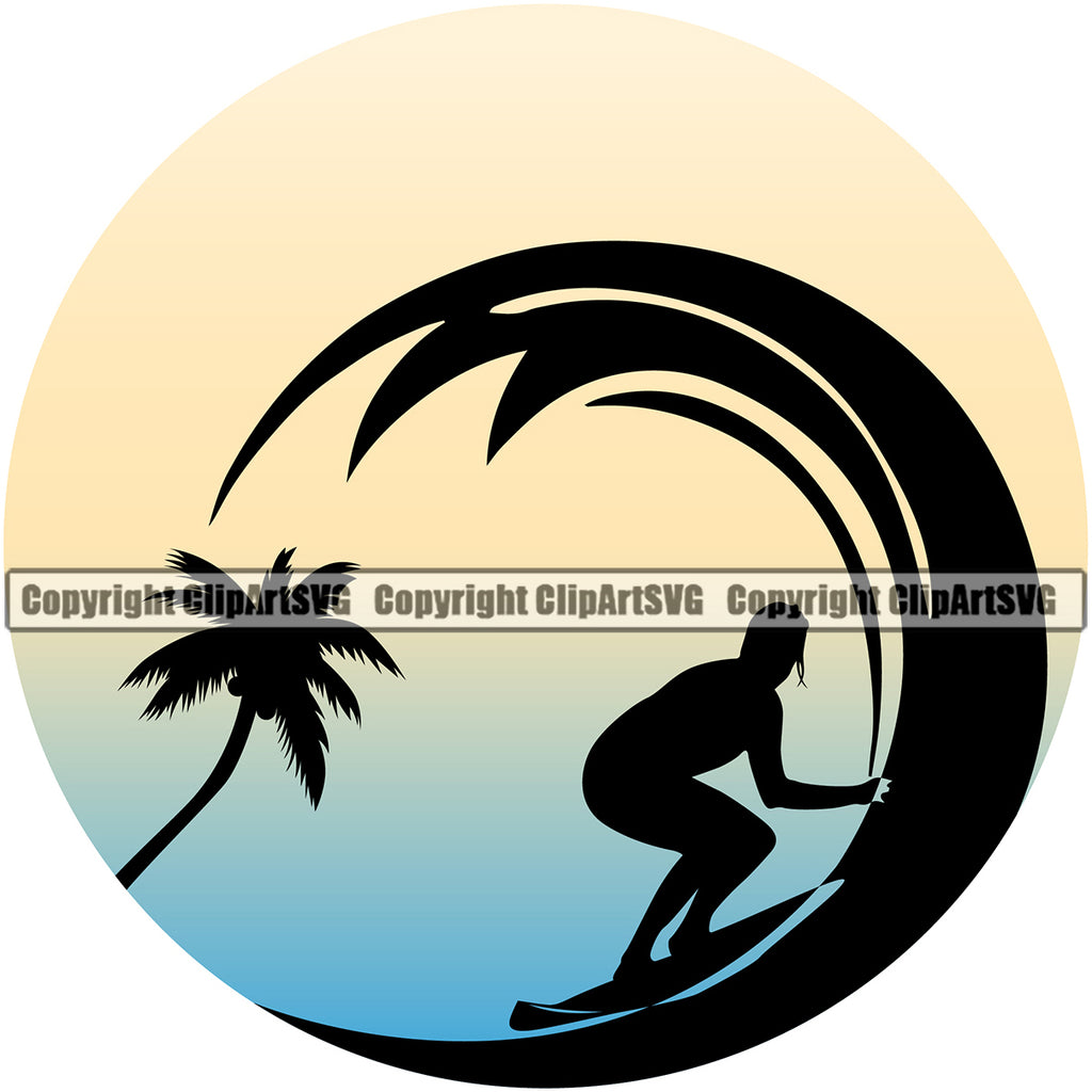 Surfing Nature Beach Logo Color Design Element Summer Surf Ocean Hawaii Nature Sun Sunset Tropical Wave Vacation Travel Sea Surfboard Palm Paradise Island Surfer Clipart SVG