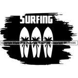 Surfing Boat Black Background Design Element Beach Summer Surf Ocean Tropical Wave Logo Vacation Travel Sea Surfboard Palm Paradise Island Surfer Hawaii Nature Sun Sunset Clipart SVG