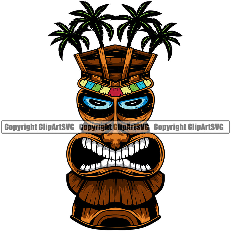 Polynesian Tiki Wooden Vector Surfing Beach Summer Surf Ocean Design Element Tropical Wave Surfer Hawaii Nature Sun Sunset Vacation Travel Sea Surfboard Palm Paradise Island Clipart SVG