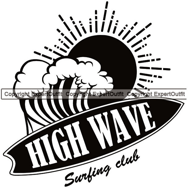 High Wave Surfing Club Quote Surfing Beach Summer Surf Ocean Tropical Vector Wave Vacation Travel Sea Surfboard Palm Paradise Island Surfer Hawaii Nature Sun Sunset Clipart SVG