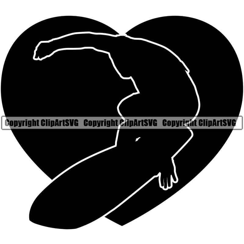 Surfing Men Silhouette Heart Logo Beach Summer Surf Ocean Design Element Tropical Wave Vacation Travel Sea Surfboard Palm Paradise Island Surfer Hawaii Nature Sun Sunset Clipart SVG