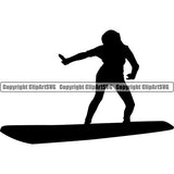 Sports Surfing Woman On Boat Silhouette Vector Beach Summer Surf Ocean Design Element Tropical Wave Vacation Travel Sea Surfboard Palm Paradise Island Surfer Hawaii Nature Sun Sunset Clipart SVG