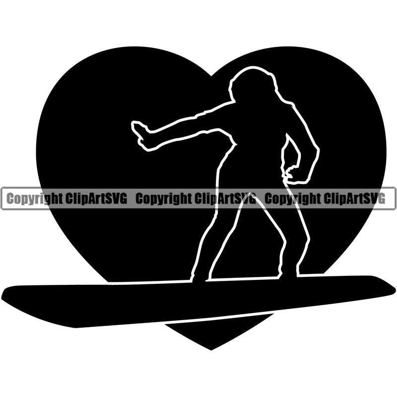 Sports Surfing Woman Standing On Boat Heart Logo Beach Summer Surf Ocean Design Element Tropical Wave Vacation Travel Sea Surfboard Palm Paradise Island Surfer Hawaii Nature Sun Sunset Clipart SVG