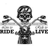 Motorcycle Bike Biker Cycle Chopper Motorbike Ride Rider Racer Skull Head Black Color Live To Ride Ride To Live Quote Text Design Element Rider Transportation Vehicle Art Design Logo Clipart SVG