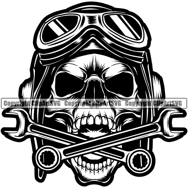 Motorcycle Bike Biker Cycle Chopper Motorbike Skull Head Design Element With Mechanic Wrench Ride Rider Racer Rider Transportation Vehicle Art Design Logo Clipart SVG
