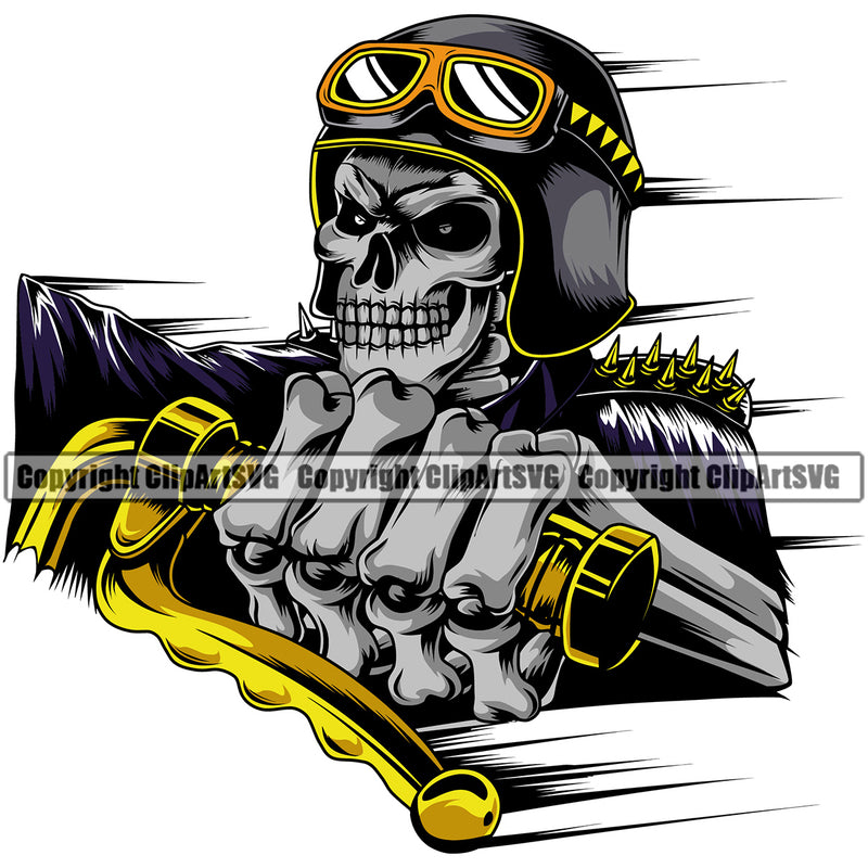 Motorcycle Bike Biker Cycle Chopper Motorbike Ride Rider Racer Rider Skull Skeleton Angry Face Black Helmet Gold Color Handle Design Element Transportation Vehicle Art Design Logo Clipart SVG