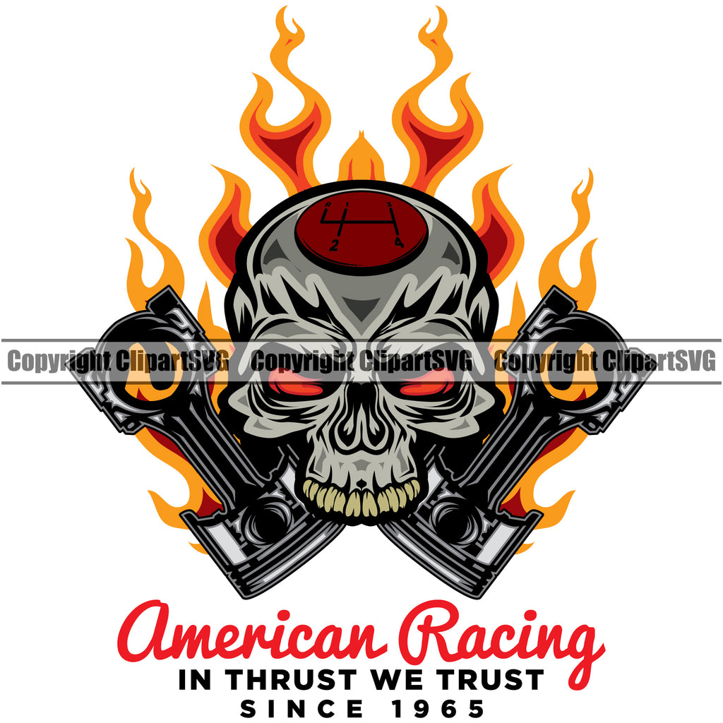 Motorcycle Bike Biker Cycle Chopper Motorbike Ride Rider Racer Rider Skull Skeleton Head Design American Racing In Thrust We Trust Since 1965 Transportation Vehicle Art Logo Clipart SVG