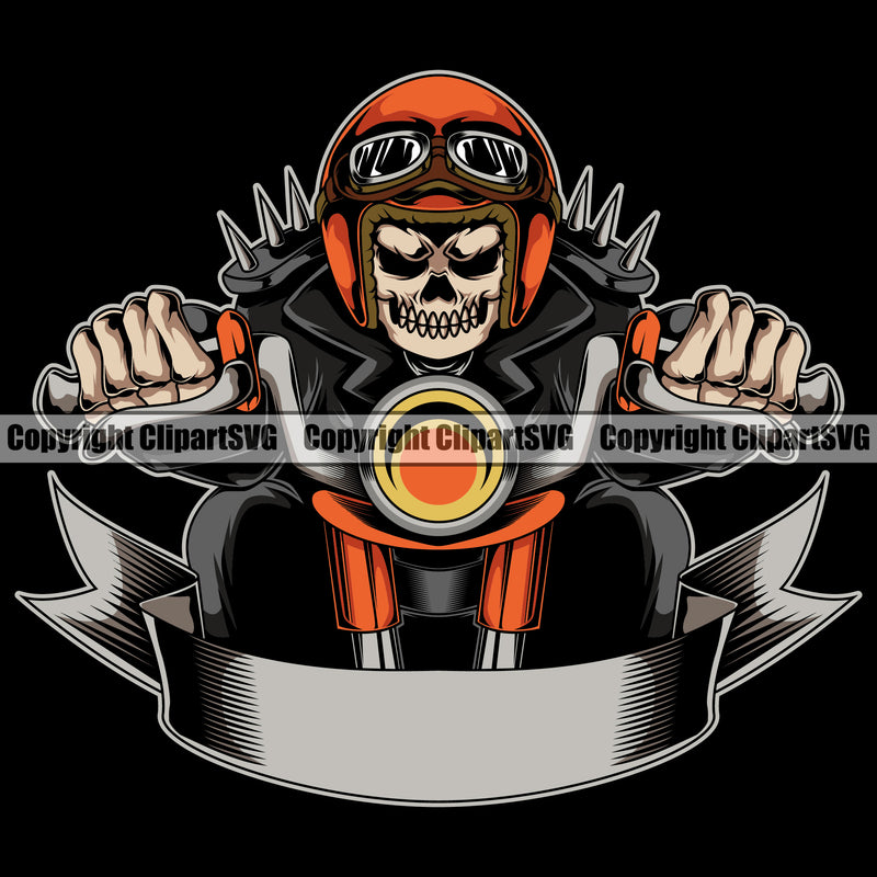 Motorcycle Bike Biker Cycle Chopper Motorbike Ride Rider Racer Rider Skull Head And Bike Handle Black Background Design Element Transportation Vehicle Art Design Logo Clipart SVG